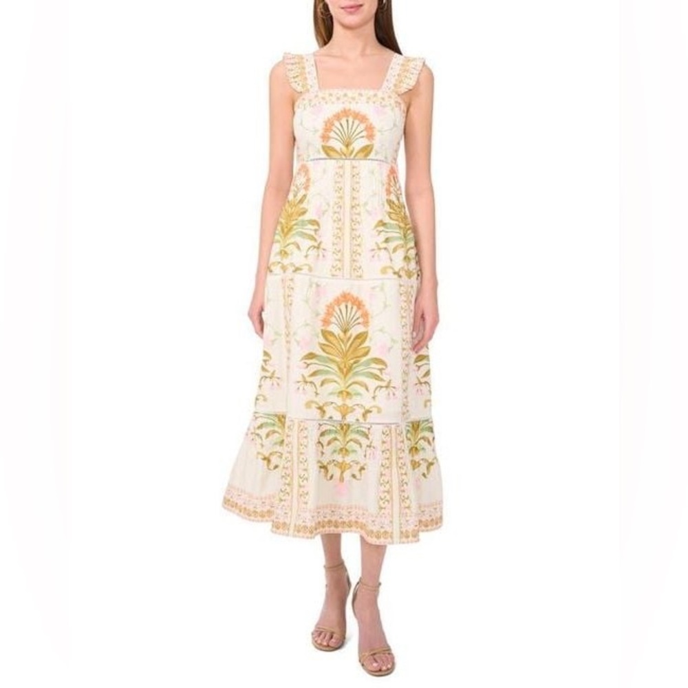 Cece Women's Natural Print Pintuck Sleeveless Midi Dres NWT Size 4